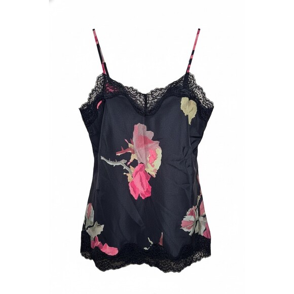 $225 The Kooples Cami Tank Top Womens L Black Pink Floral Lace Trim V-Neck - Picture 2 of 6